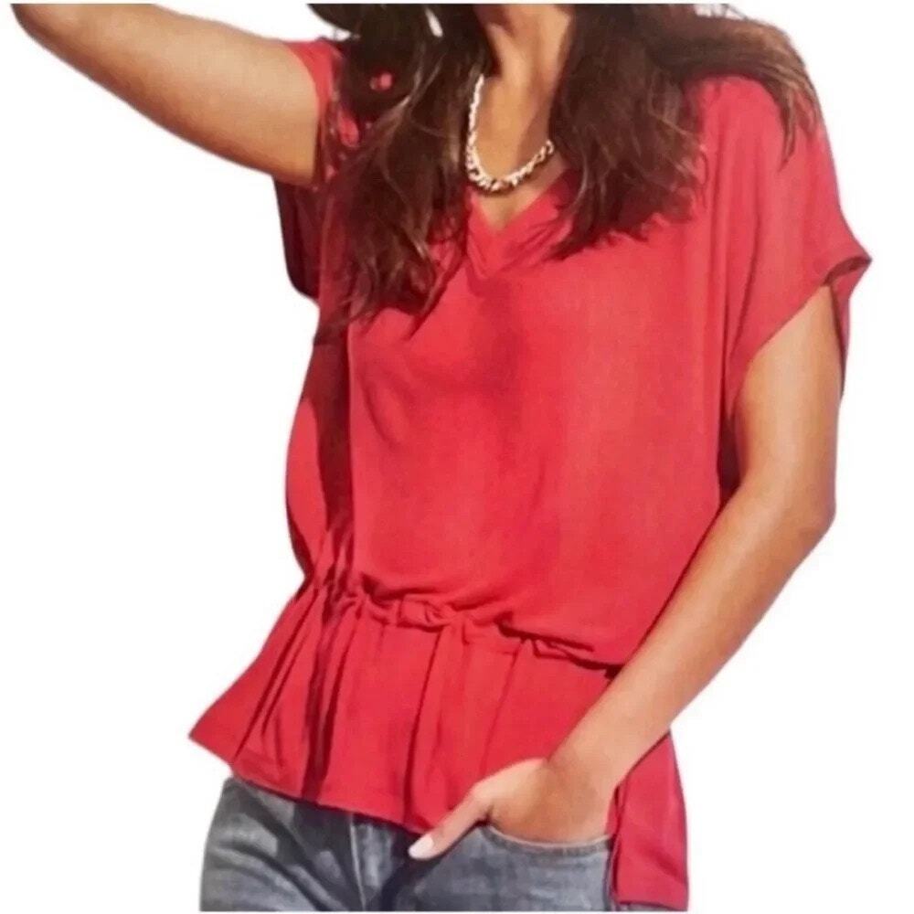 CAbi Coral Orange Pink V Neck Drawstring Cord Waist Relaxed T Shirt Size Medium